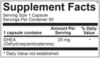 Supplement facts label for a DHEA capsule with serving size, servings per container, and amount per serving details.