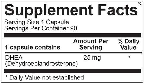 Supplement facts label for a DHEA capsule with serving size, servings per container, and amount per serving details.