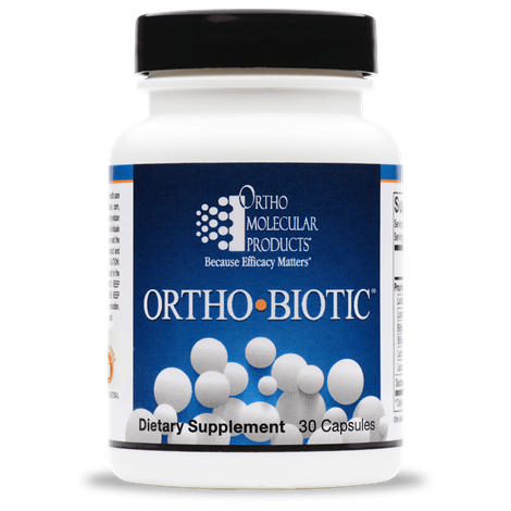 Ortho-Biotic dietary supplement container with Ortho Molecular Products label on a white background