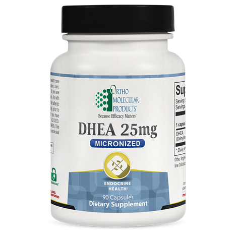 Supplement bottle labeled 'DHEA 25mg' by Ortho Molecular Products on a white background
