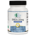Supplement bottle labeled 'DHEA 25mg' by Ortho Molecular Products on a white background