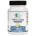 Supplement bottle labeled 'DHEA 25mg' by Ortho Molecular Products on a white background