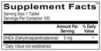 Supplement facts label for DHEA with serving size and container information.