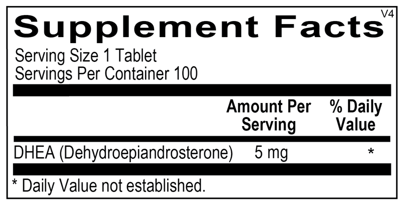 Supplement facts label for DHEA with serving size and container information.