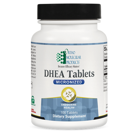 Bottle of Ortho Molecular Products DHEA Tablets on a white background