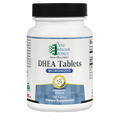 Bottle of Ortho Molecular Products DHEA Tablets on a white background