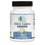 Bottle of Ortho Molecular Products DHEA Tablets on a white background