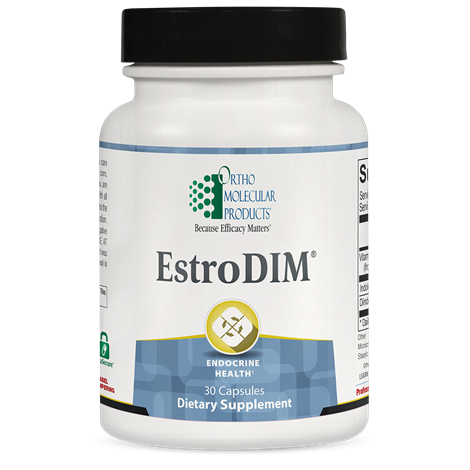 Supplement bottle labeled 'EstroDIM' by Ortho Molecular Products on a white background