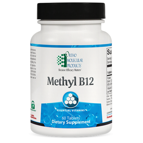 Supplement bottle labeled 'Methyl B12' by Ortho Molecular Products on a white background