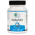 Supplement bottle labeled 'Methyl B12' by Ortho Molecular Products on a white background