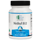 Supplement bottle labeled 'Methyl B12' by Ortho Molecular Products on a white background