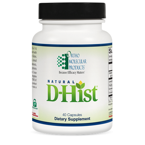 Supplement bottle labeled 'Natural D-Hist' by Ortho Molecular Products on a white background