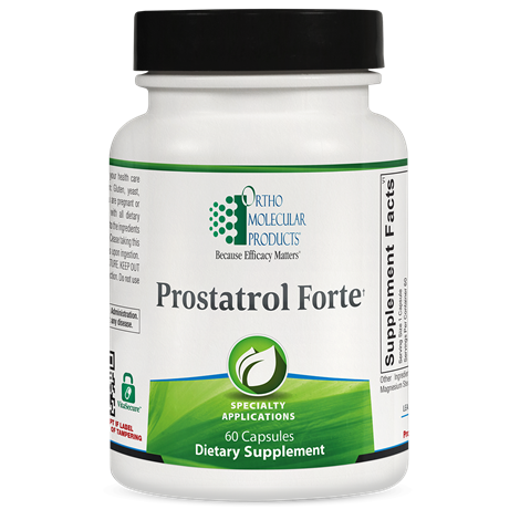 Supplement bottle labeled 'Prostatrol Forte' by Ortho Molecular Products on a white background