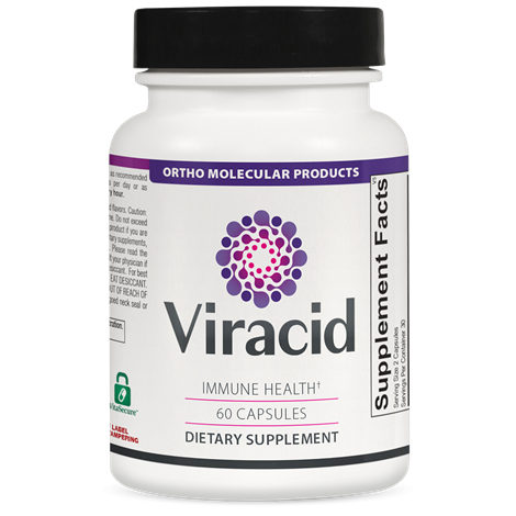 Viracid dietary supplement bottle with Ortho Molecular Products branding on a white background